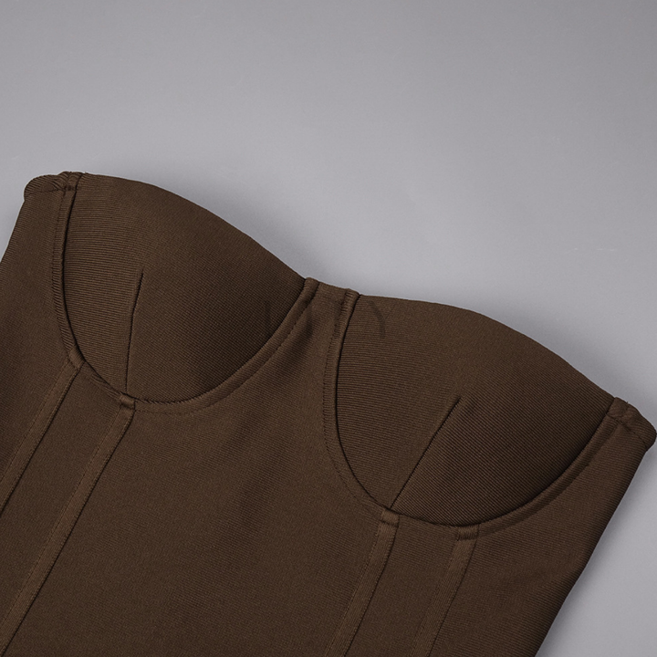 Brown Strapless Back Slit Backless Maxi Dress