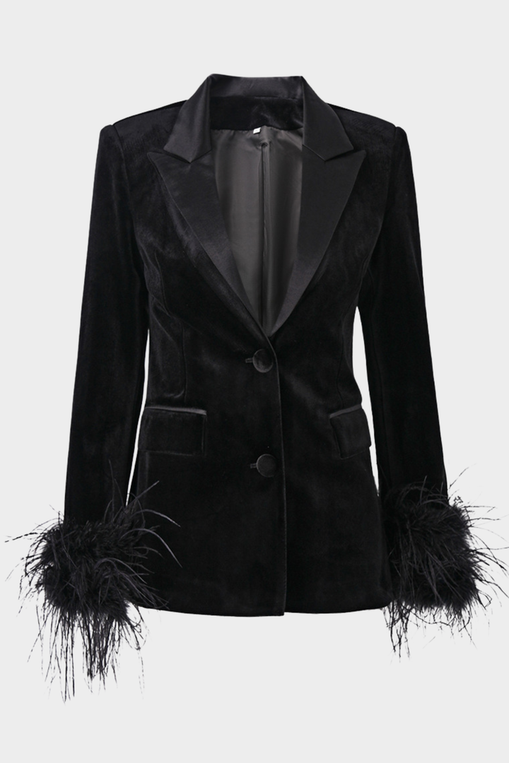 Noir Velvet  Ostrich Feather Cuffs Blazer