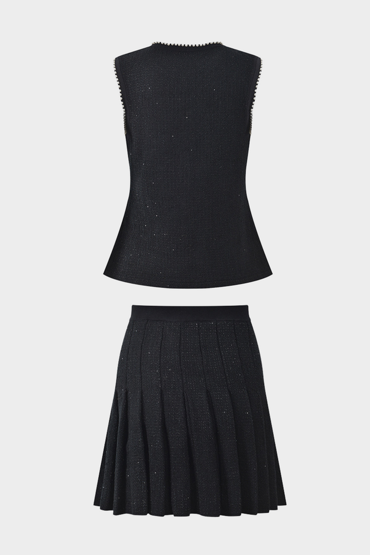 Luxury Pearl Trimmed Beaded Vest &amp; Pleated Skirt Set