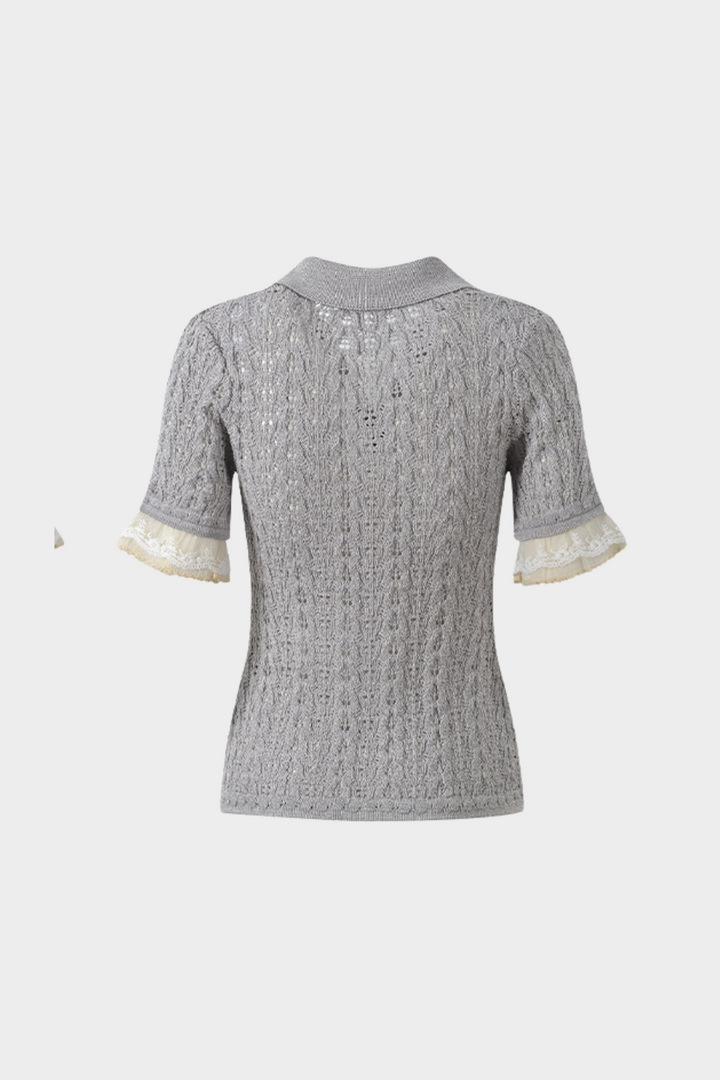 Pearl Lace-Trim Crochet Knit Polo Top