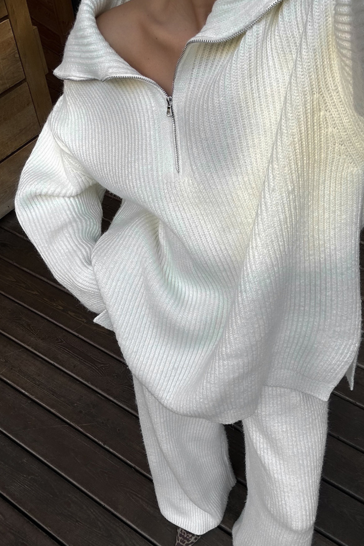 Comfy Ribbed Lapel Wide Leg Knit Set