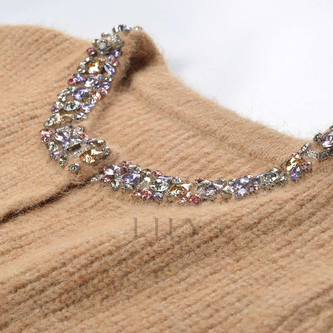 Embellished Round-Neck Wool Knit Cardigan