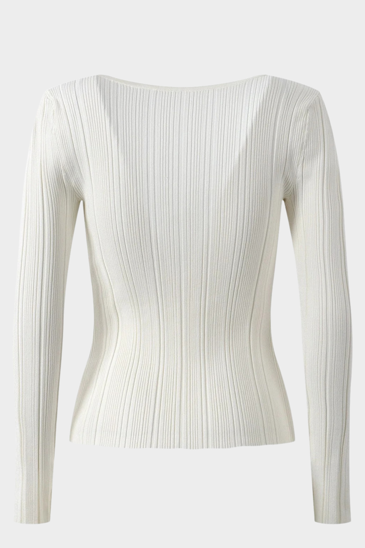 Crystal Trim U-Neck Ribbed Wool Top