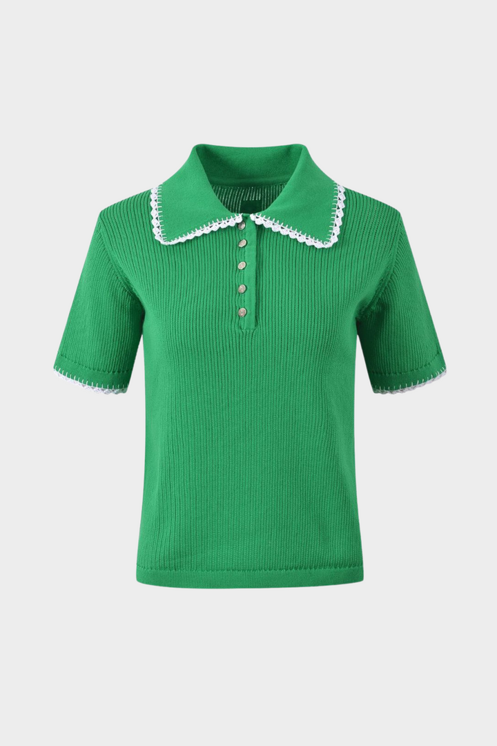 Contrast Lace Trim Viscose  Knit Polo Top