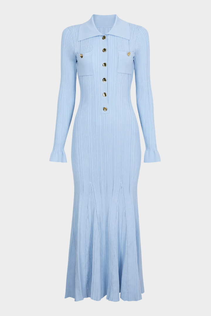 Viscose  Lapel Gold Buttons  Flared Hem Maxi Dress