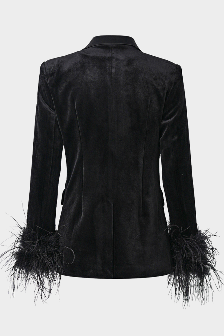 Noir Velvet  Ostrich Feather Cuffs Blazer