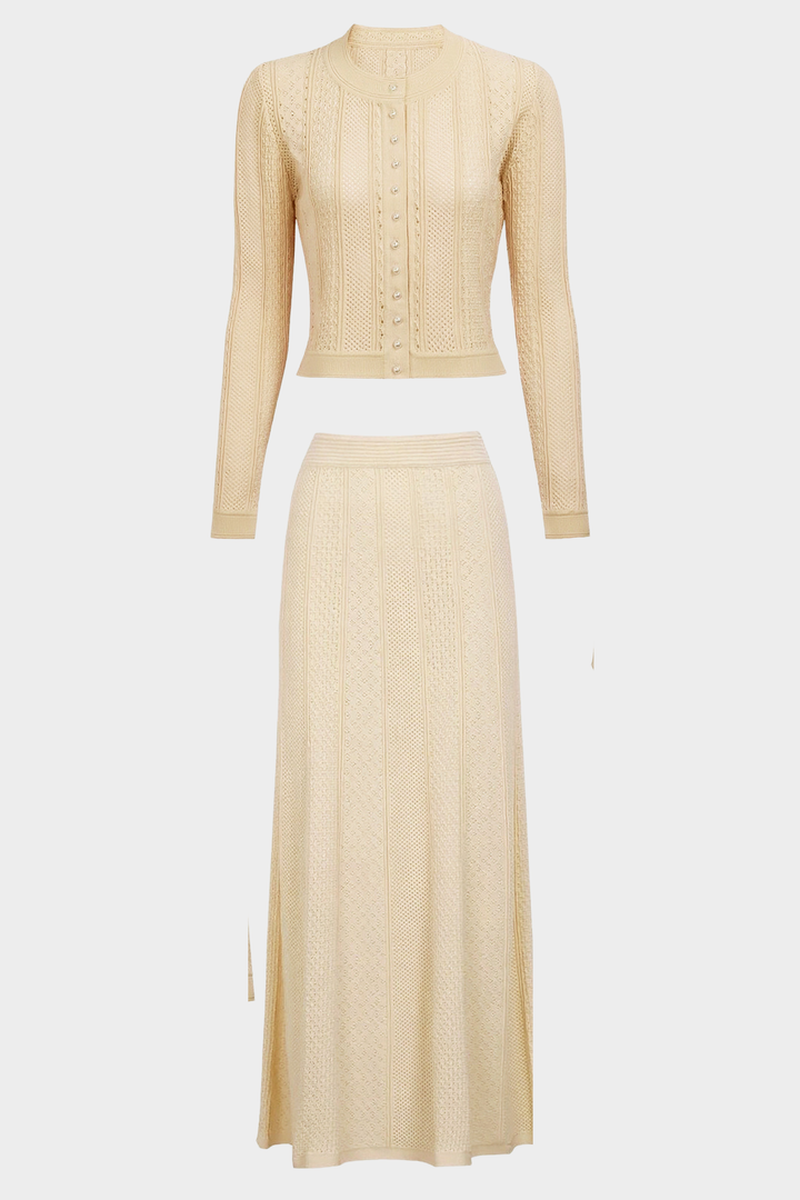 Pearl Luxe Buttoned Textured Knit Maxi Skirt Set
