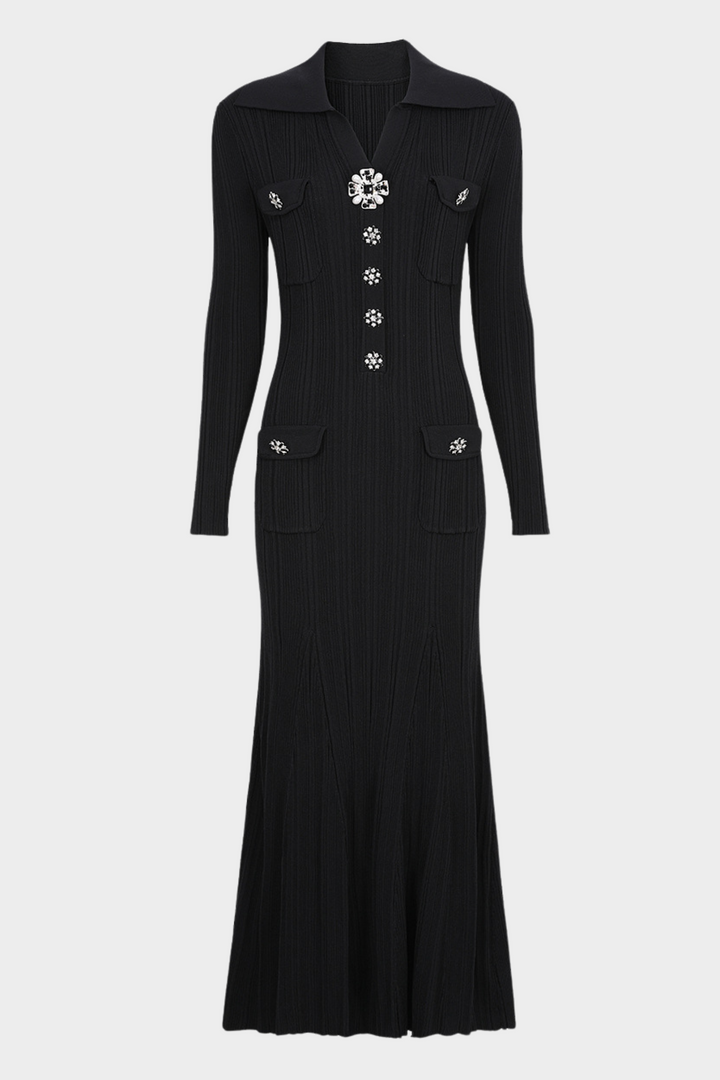 Elegant Gem Viscose Knit Maxi Dress - Long Sleeve