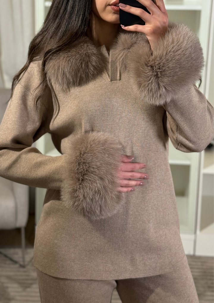 Velora Real Fox Fur Knit Lounge Set - Fur Cuff Edition