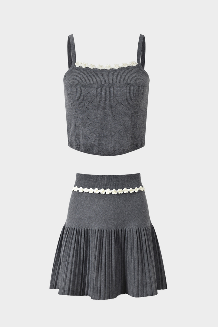 Grey Floral Pearl Knit Camisole Top