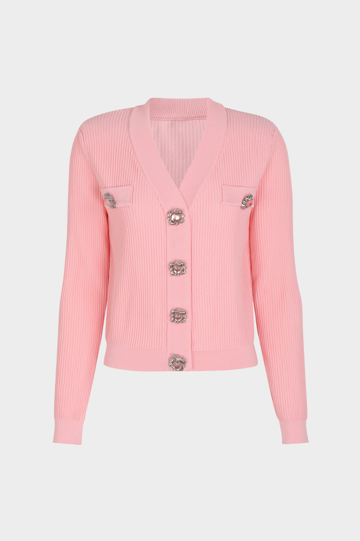 Gem Button Ribbed Knit Cardigan