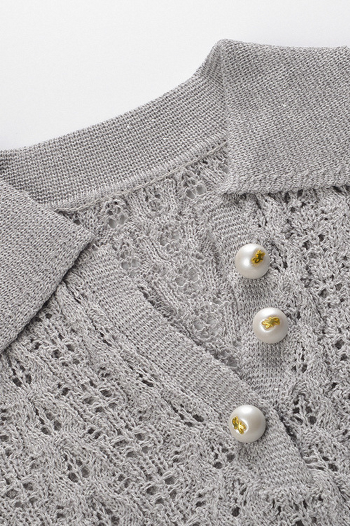 Pearl Lace-Trim Crochet Knit Polo Top