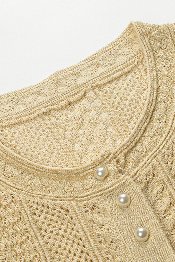 Beige Hollow Knitted Viscose Pearl Button Cardigan &amp; Maxi Skirt Set