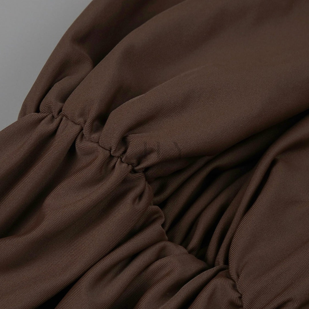 Deep V Neck Cinched Leather Waist Maxi Dress