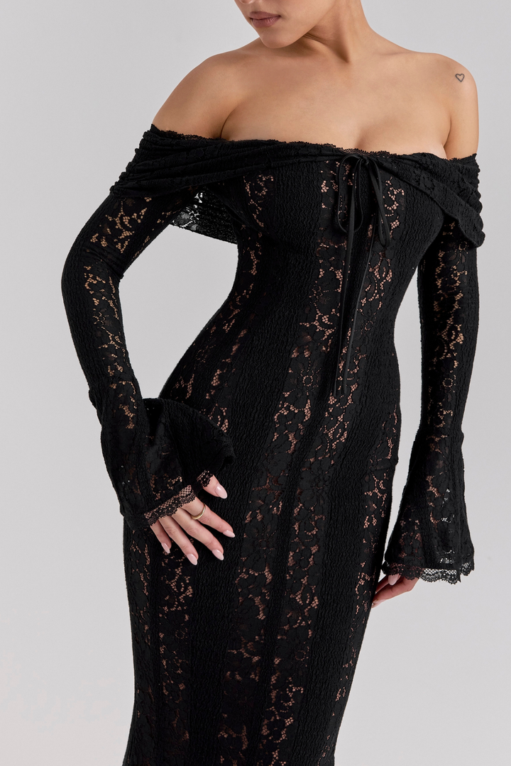 Mermaid Lace Off Shoulder Sheer Floral Maxi Dress