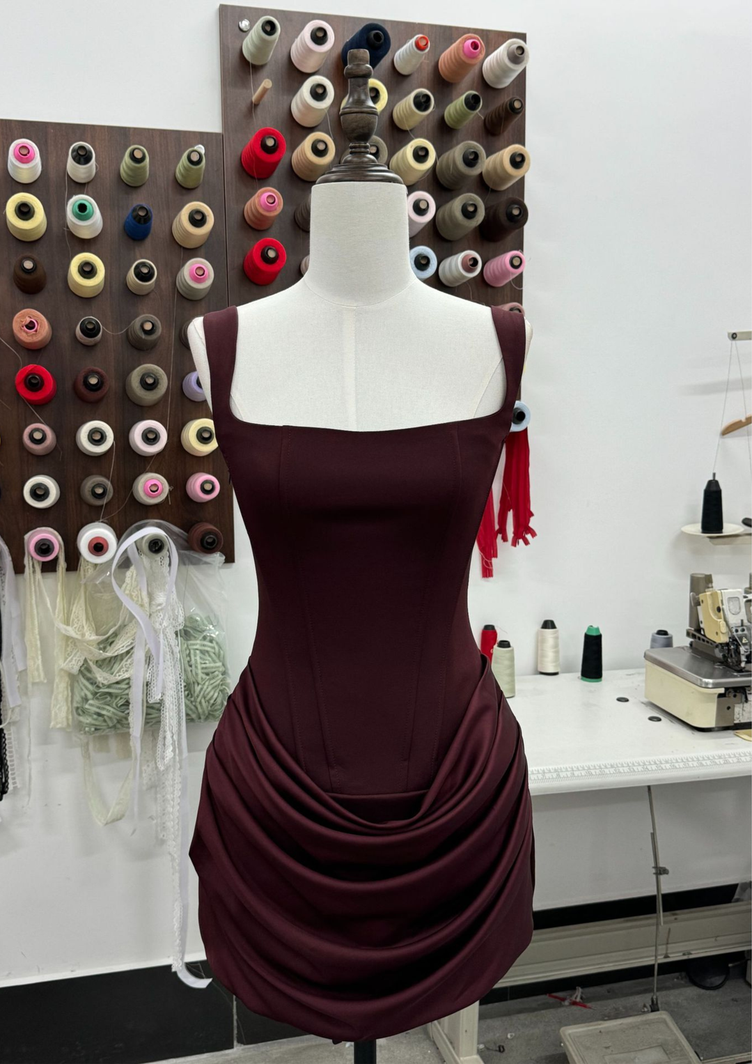 Draped Waist Sculpt Back Lace Mini Dress