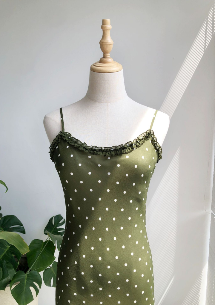 Olive Polka Mulbery Silk Mini Dress