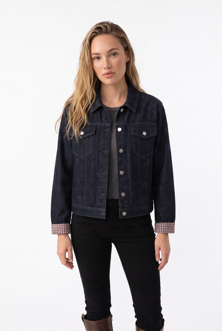 Arielle Check Cuff Denim Cardigan Jacket