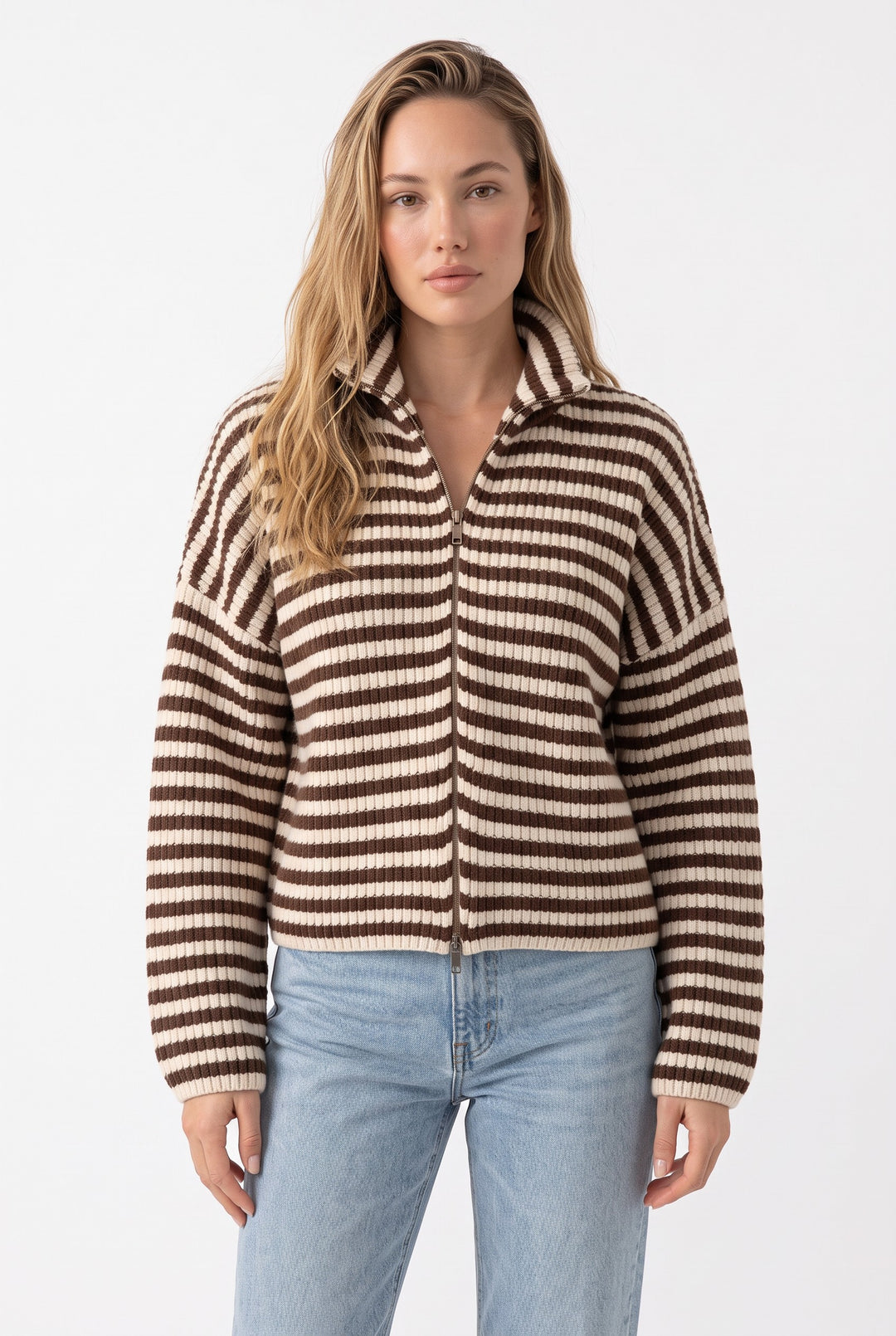 Striped Zip-Up Knit Cardigan Top