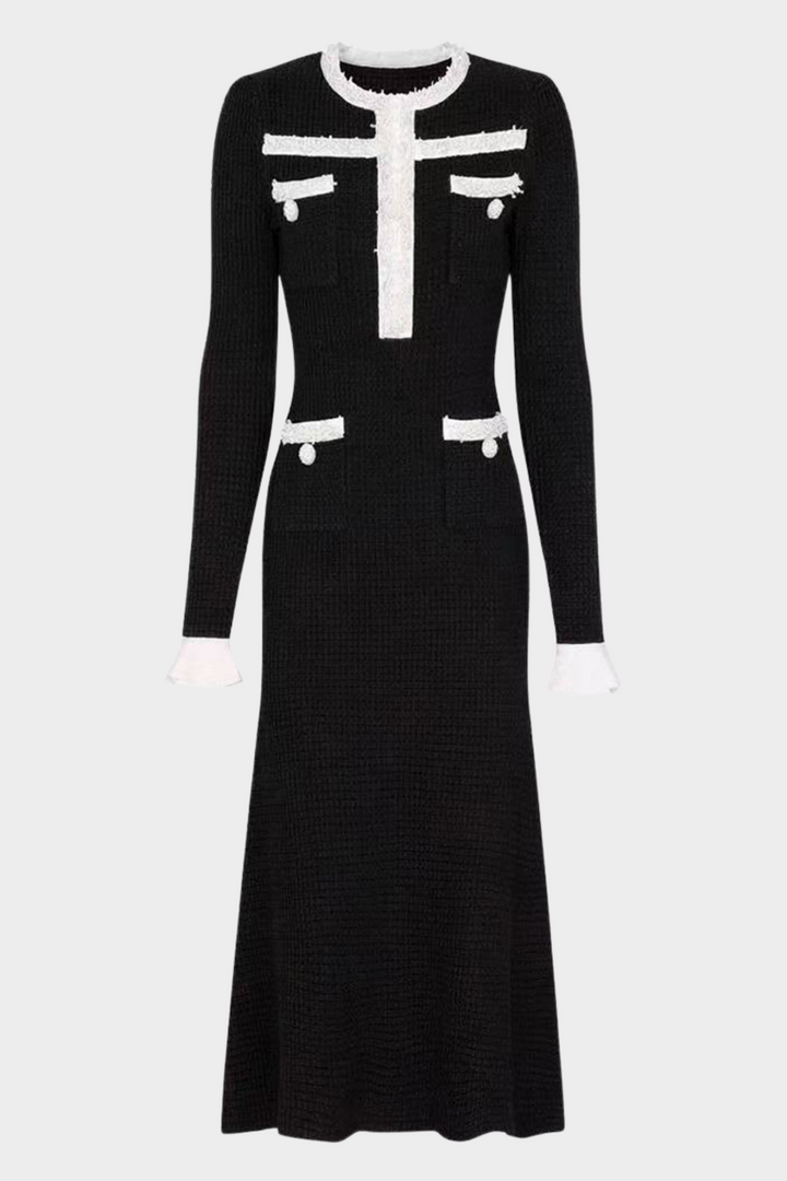 Opulent Pearl Trim Viscose Knit Flare Elegance Maxi Dress