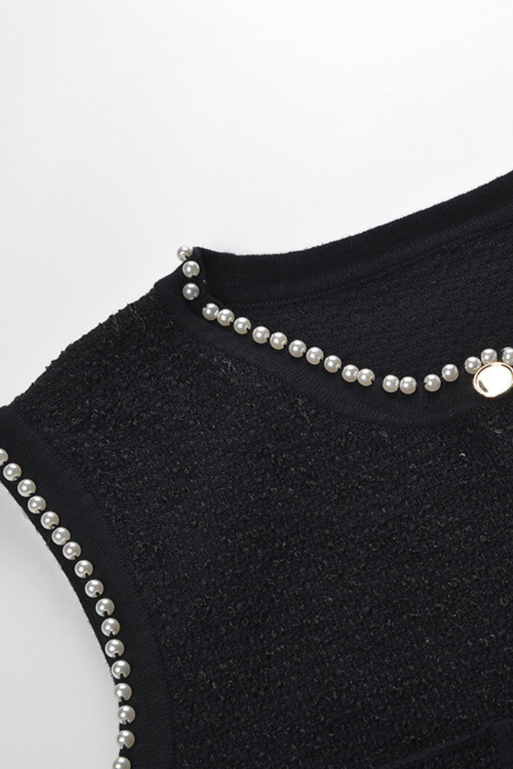 Luxury Pearl Trimmed Beaded Vest &amp; Pleated Skirt Set