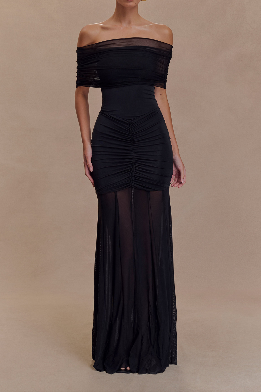 Katie Mesh Ruched Off Shoulder Sheer Maxi Dress