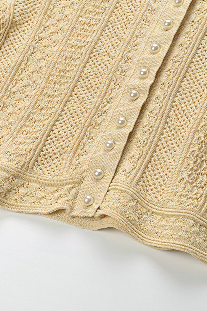 Beige Hollow Knitted Viscose Pearl Button Cardigan &amp; Maxi Skirt Set