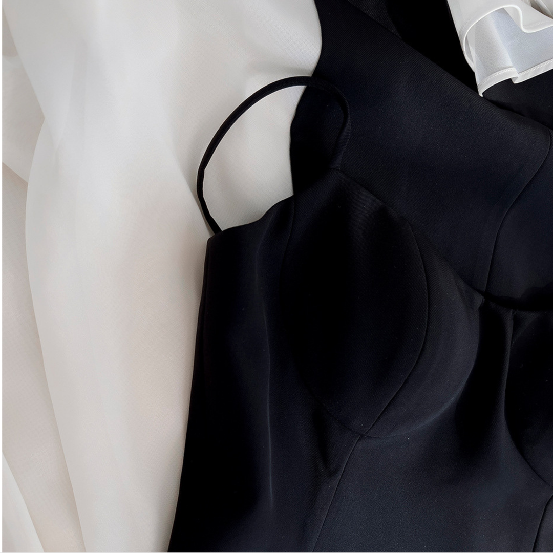 Monochrome Elegance Twill Chiffon Maxi Dress