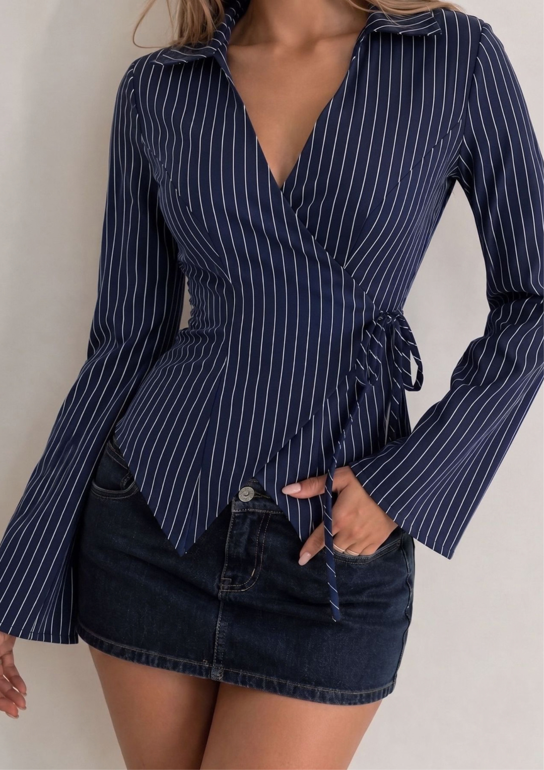 Verona Pinstripe Wrap Blouse