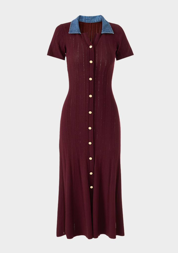 Denim Collar Buttoned Knit Maxi Dress