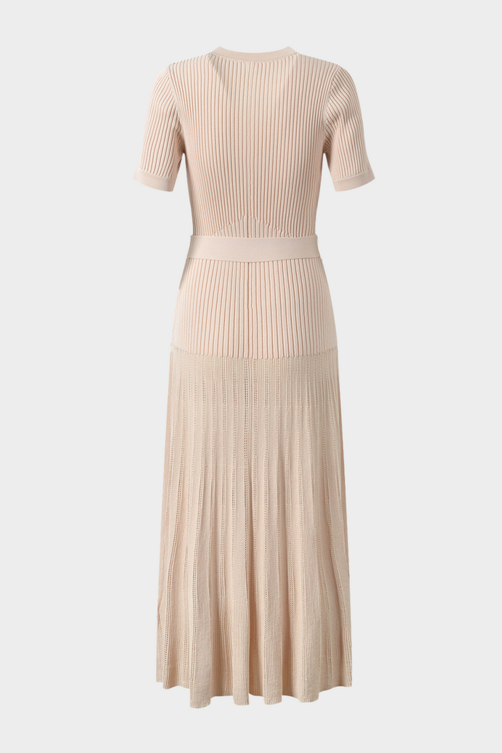 Belted Ribbed Knit  Viscose Pleated Elegance Maxi Dress
