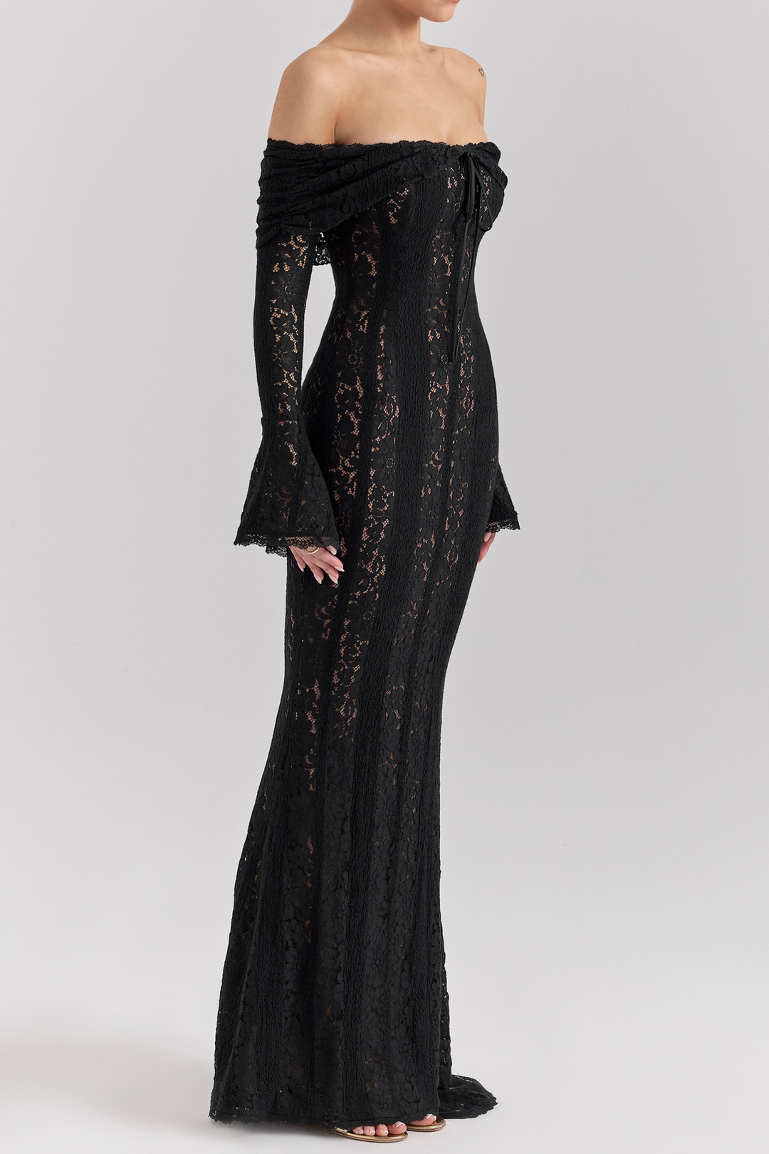 Mermaid Lace Off Shoulder Sheer Floral Maxi Dress
