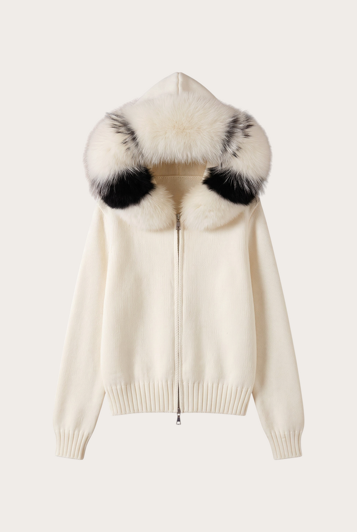 lily cream wool-blend knit jacket with a large plush faux fur hooded collar and front zipper closure