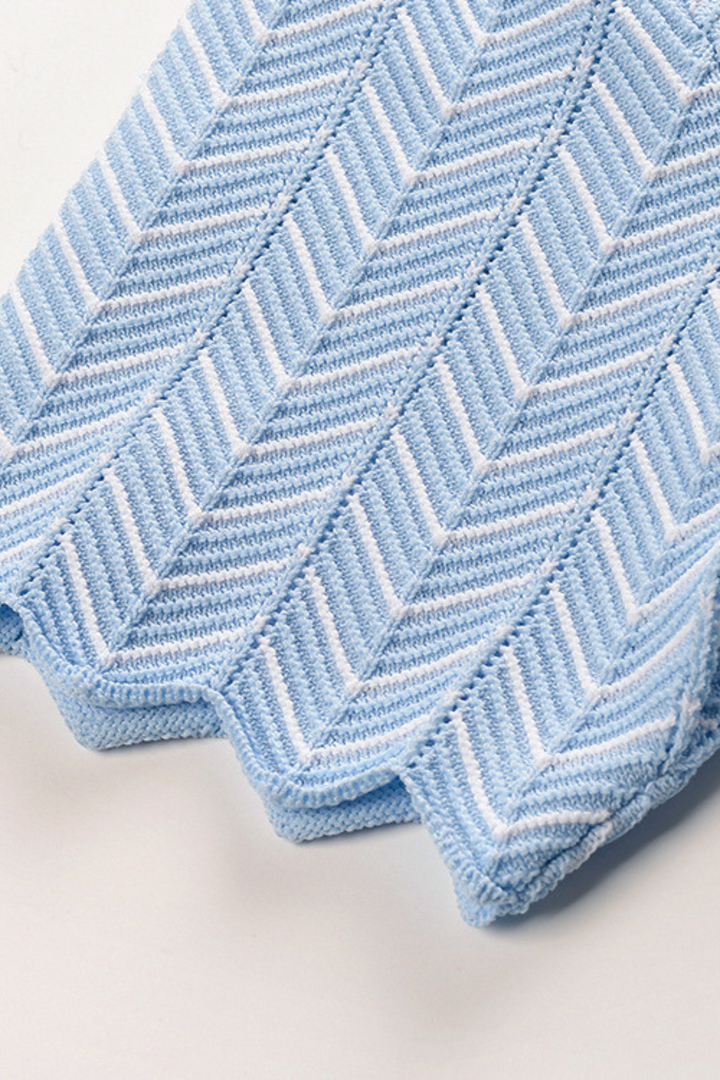 Skyline Chevron Viscose Polo Knit  Light Blue Textured Top