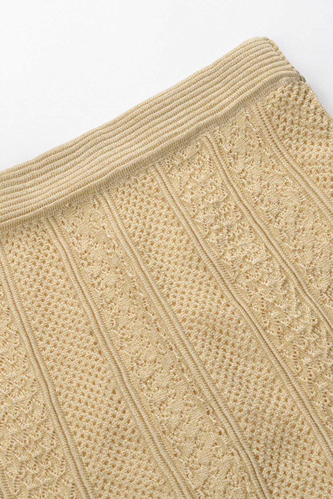 Beige Hollow Knitted Viscose Pearl Button Cardigan &amp; Maxi Skirt Set