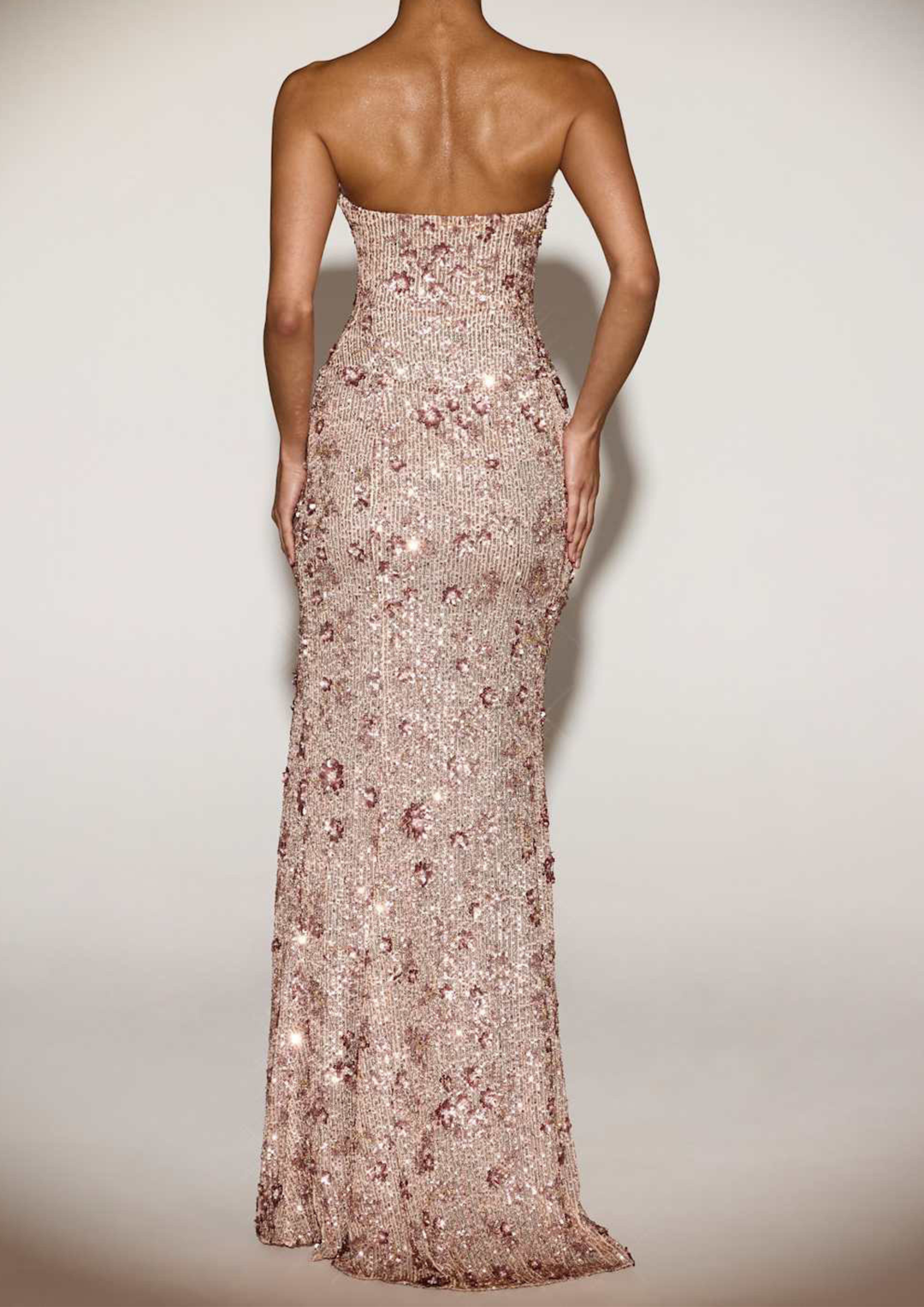 Liana Sequin Spark Slit Strapless Maxi Dress
