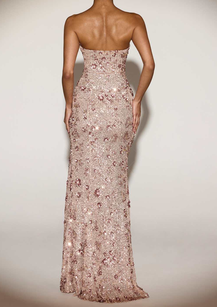Liana Sequin Spark Slit Strapless Maxi Dress