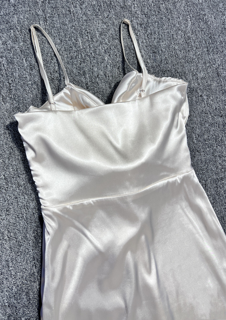 Ivory Rosette Draped Satin Maxi Dress