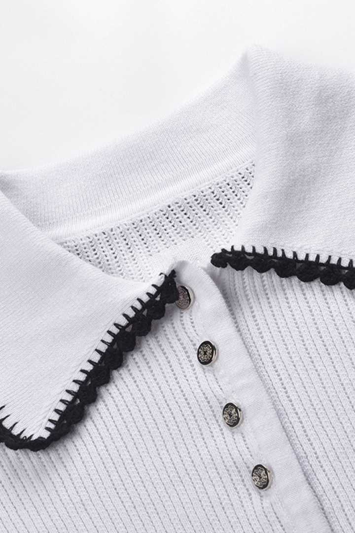 Contrast Lace Trim Viscose  Knit Polo Top