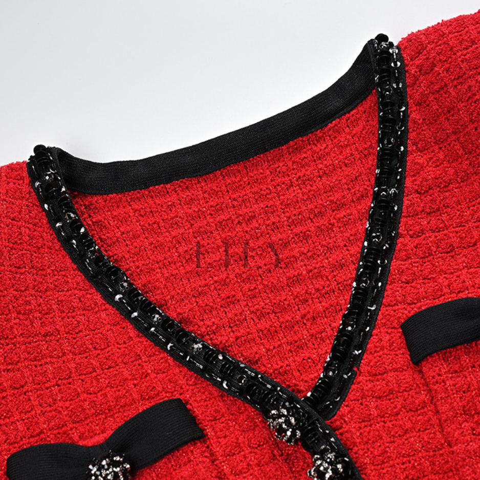 Ruffle Bow Wool Knit Sequin Mini Dress