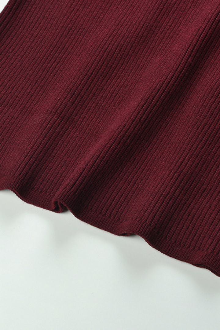 Elegant Burgundy Stud Collar Ribbed Wool Polo Top
