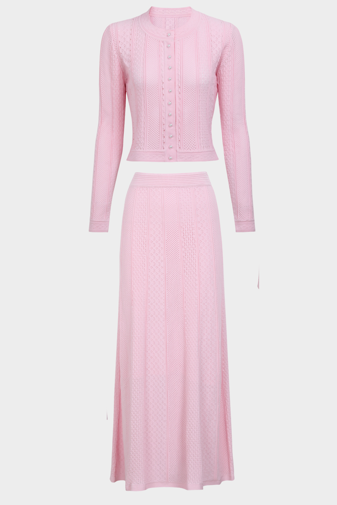 Pearl Luxe Buttoned Textured Knit Maxi Skirt Set