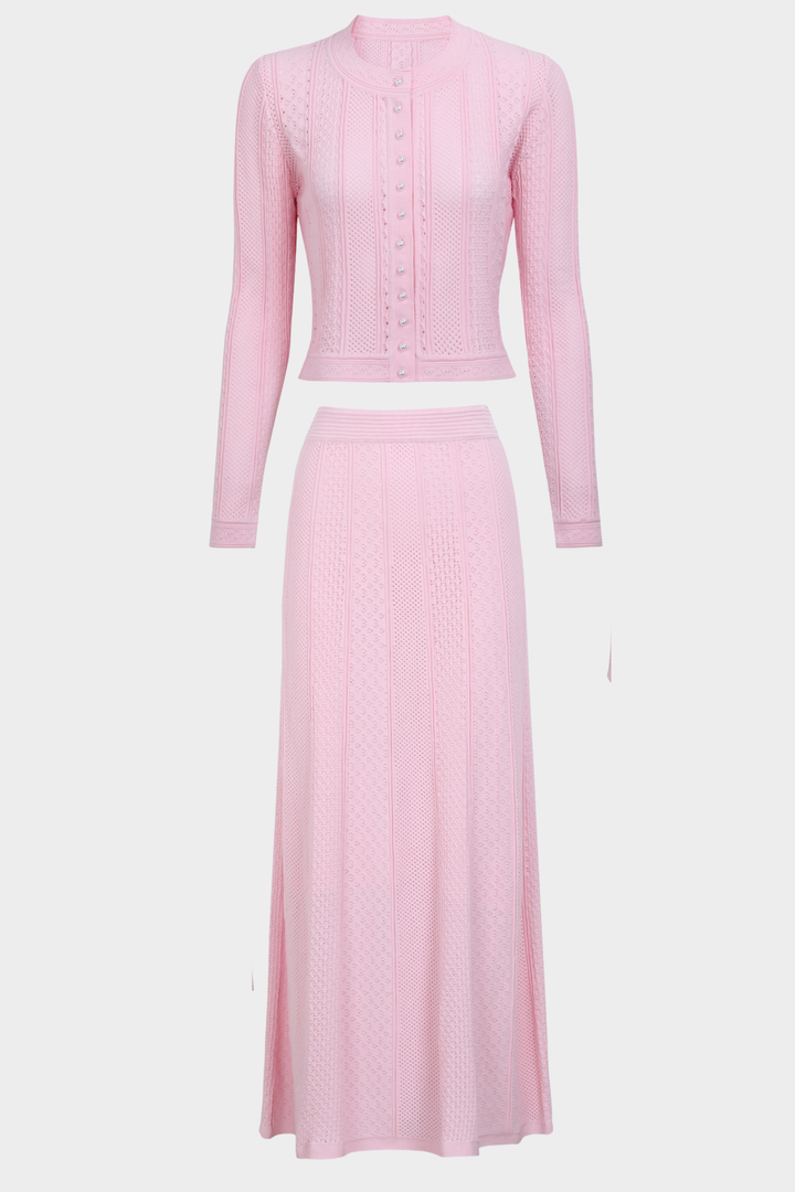 Pearl Luxe Buttoned Textured Knit Maxi Skirt Set