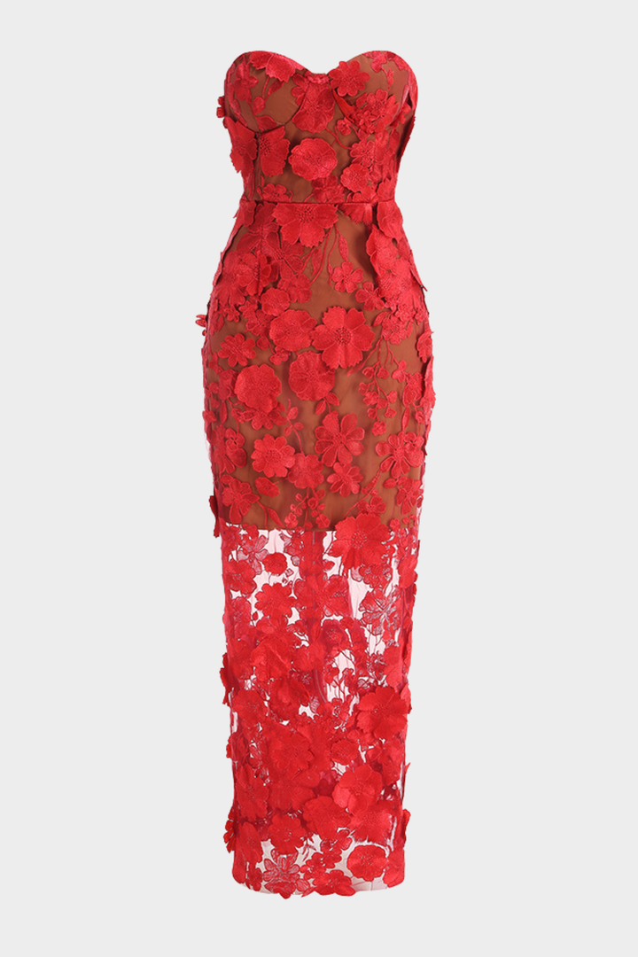 Noir Chic Floral Mesh Maxi Strapless Maxi Dress