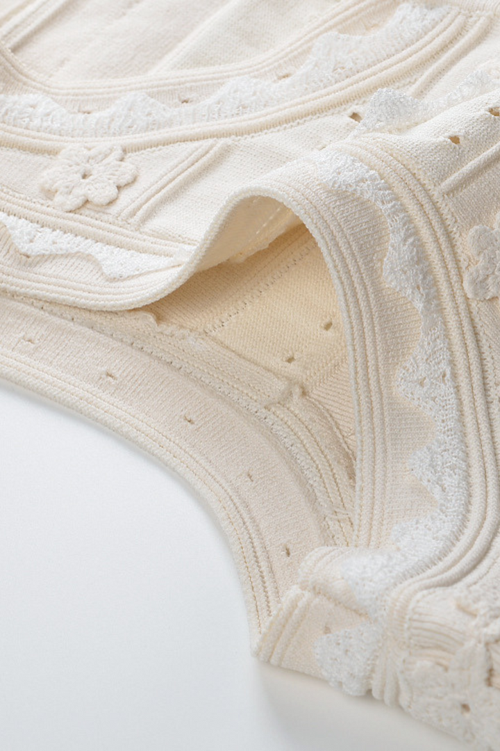 Lily – Pearl Button Floral Knit Ruffle Skirt Viscose Set In Beige