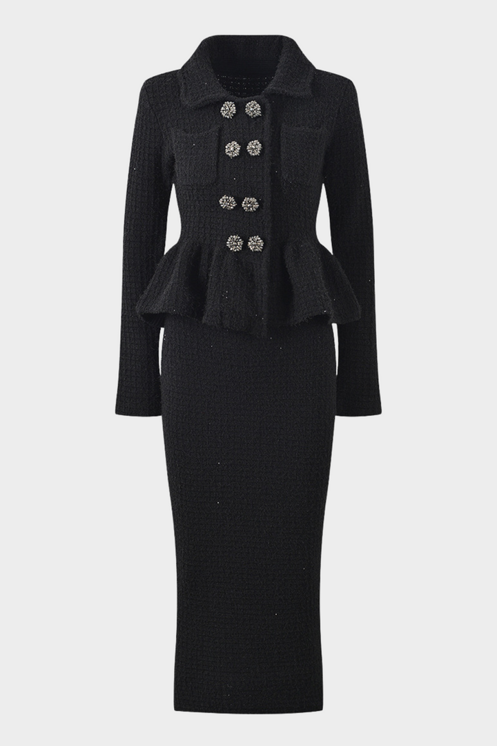 Classic Noir Ruffle Sequin Knit Maxi Dress