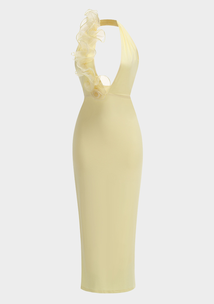 Sunlit Bloom Deep V Backless Maxi Dress