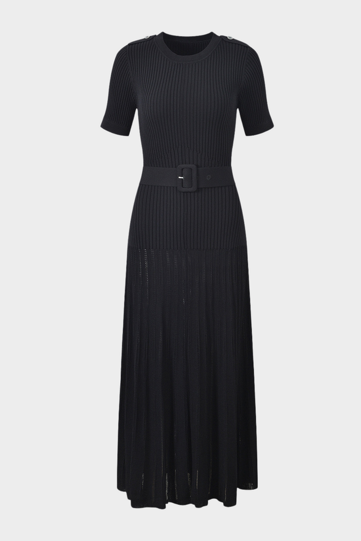 Belted Ribbed Knit  Viscose Pleated Elegance Maxi Dress