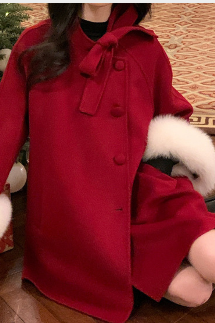 Fox Fur Wool Poncho Bow Statement Cuffs Coat