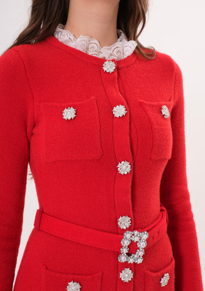 Royale Knit Pearl Belted Mini Dress